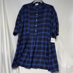 DRA Los Angeles Blue and Black Plaid Button-Up over sized short sleeve Dress XL